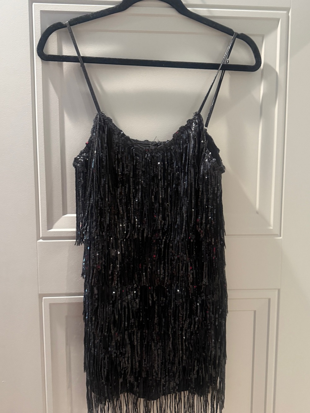 12th Tribe, Black Sequin Fringe Spaghetti-Strap Romper Dress Large